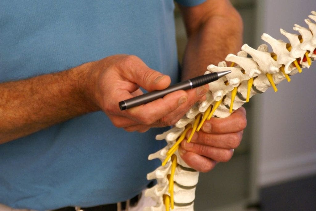 A man holding a cell phone and a skeleton.