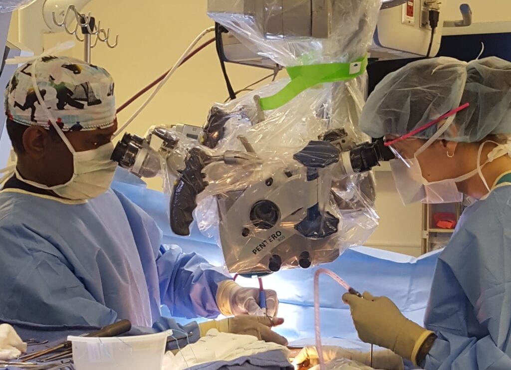 A surgeon is performing surgery on the head of a patient.